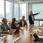 Ejecutivos farmacéuticos analizando indicadores de ROI en planeación de eventos médicos 2026