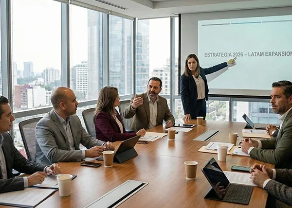 Ejecutivos farmacéuticos analizando indicadores de ROI en planeación de eventos médicos 2026