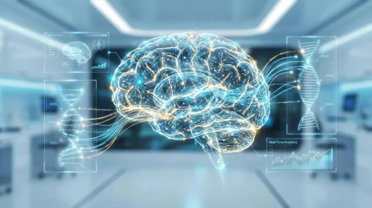 Médico especialista utilizando gafas de realidad aumentada en un simposio de alta especialidad organizado por Lapharcon