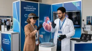 Profesional de la salud usando visor de realidad virtual en un congreso médico
